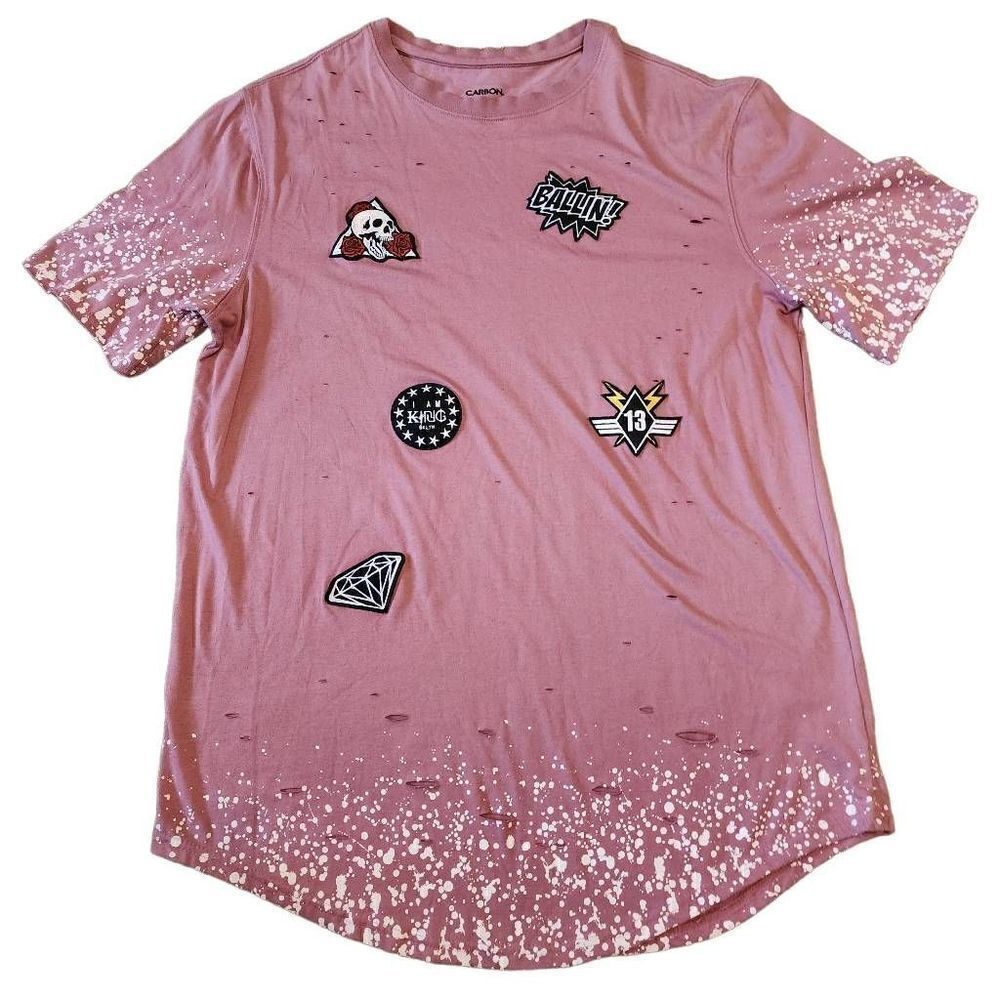 Carbon Women's Pink Embroidered Patch Paint Splatter Distressed Tee Size XXL